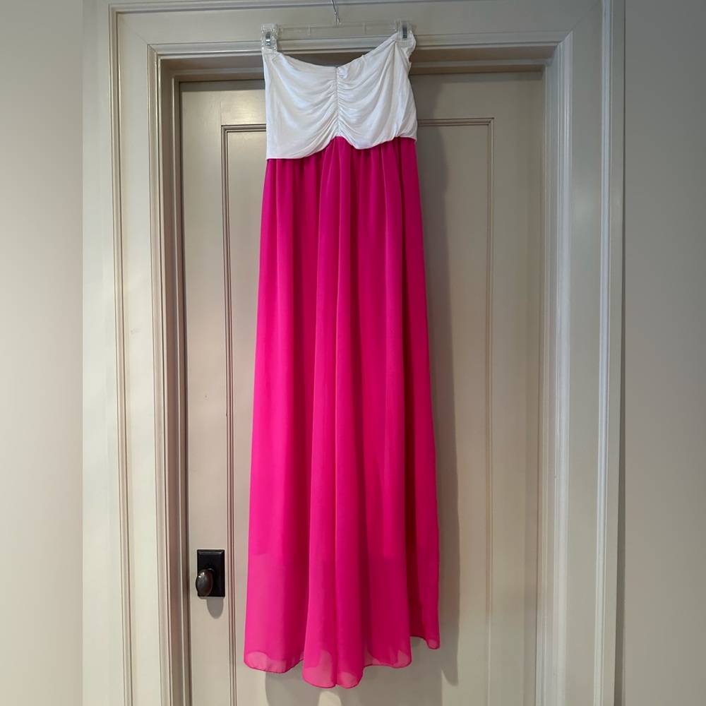 Pink and white strapless maxi dress with lining